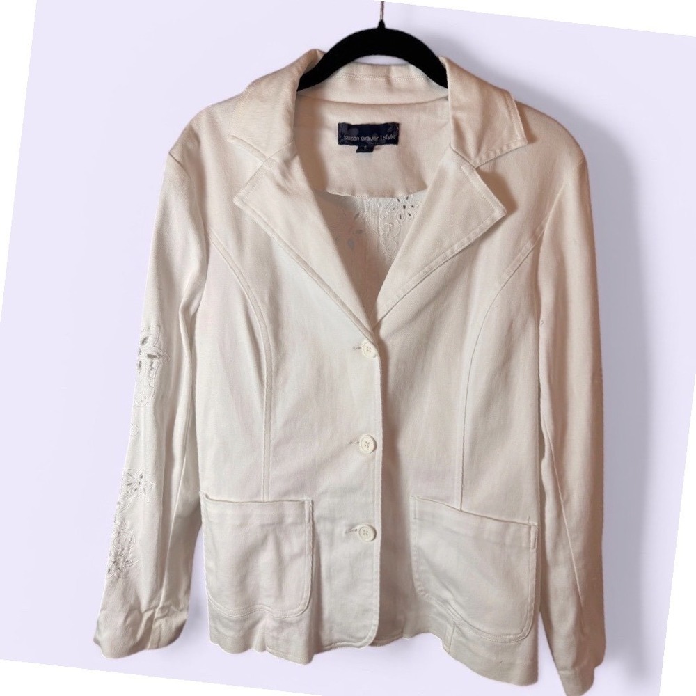 White Eyelet Embroidered Cotton Stretch Blazer Jacket Small Cottagecore Summer